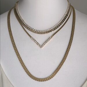 Gold Tone and Rhinestone 3 Piece Chevron Collar Chain Style Necklace Set